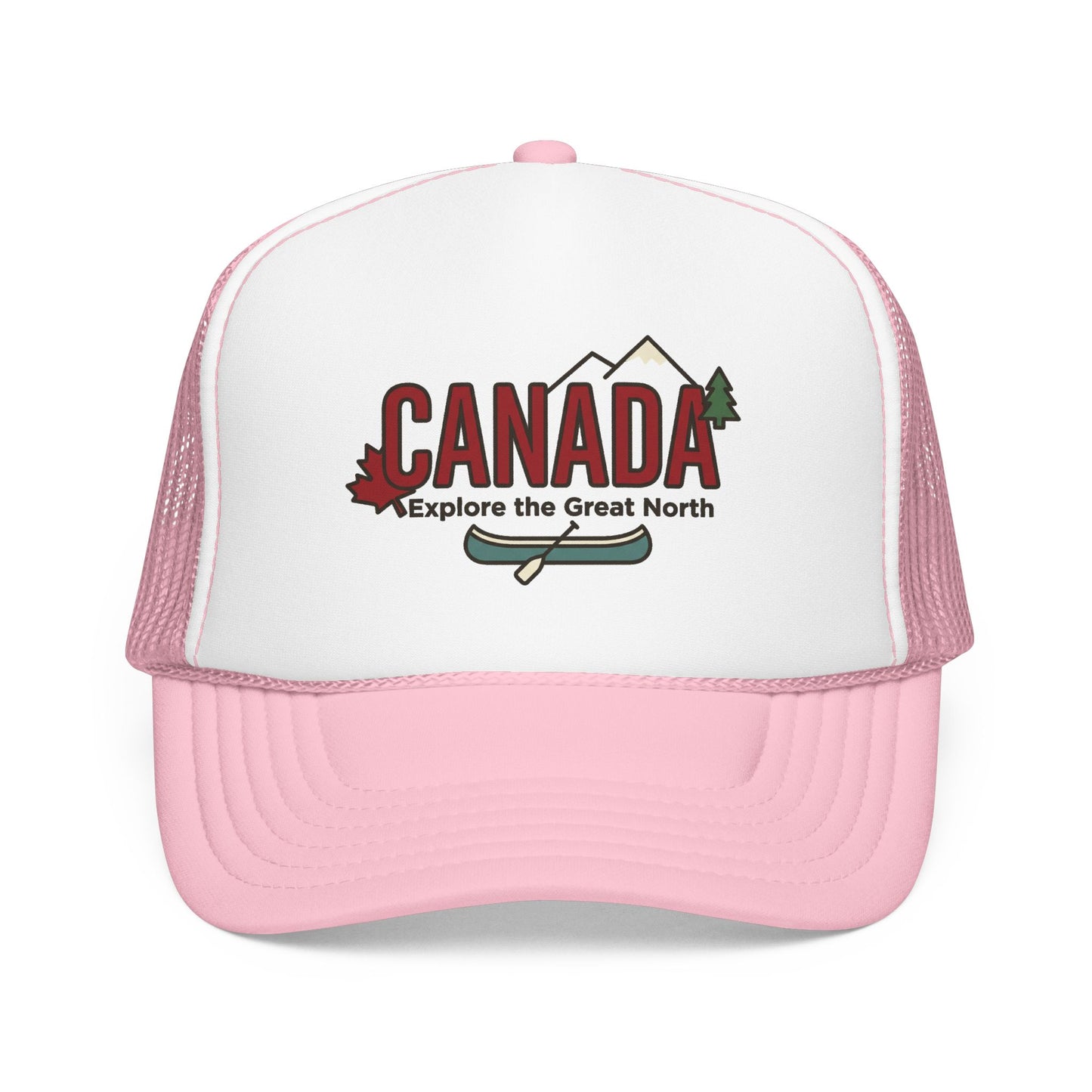 White and light pink foam trucker hat with Canada graphic front.