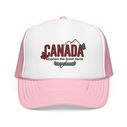 White and light pink foam trucker hat with Canada graphic front.