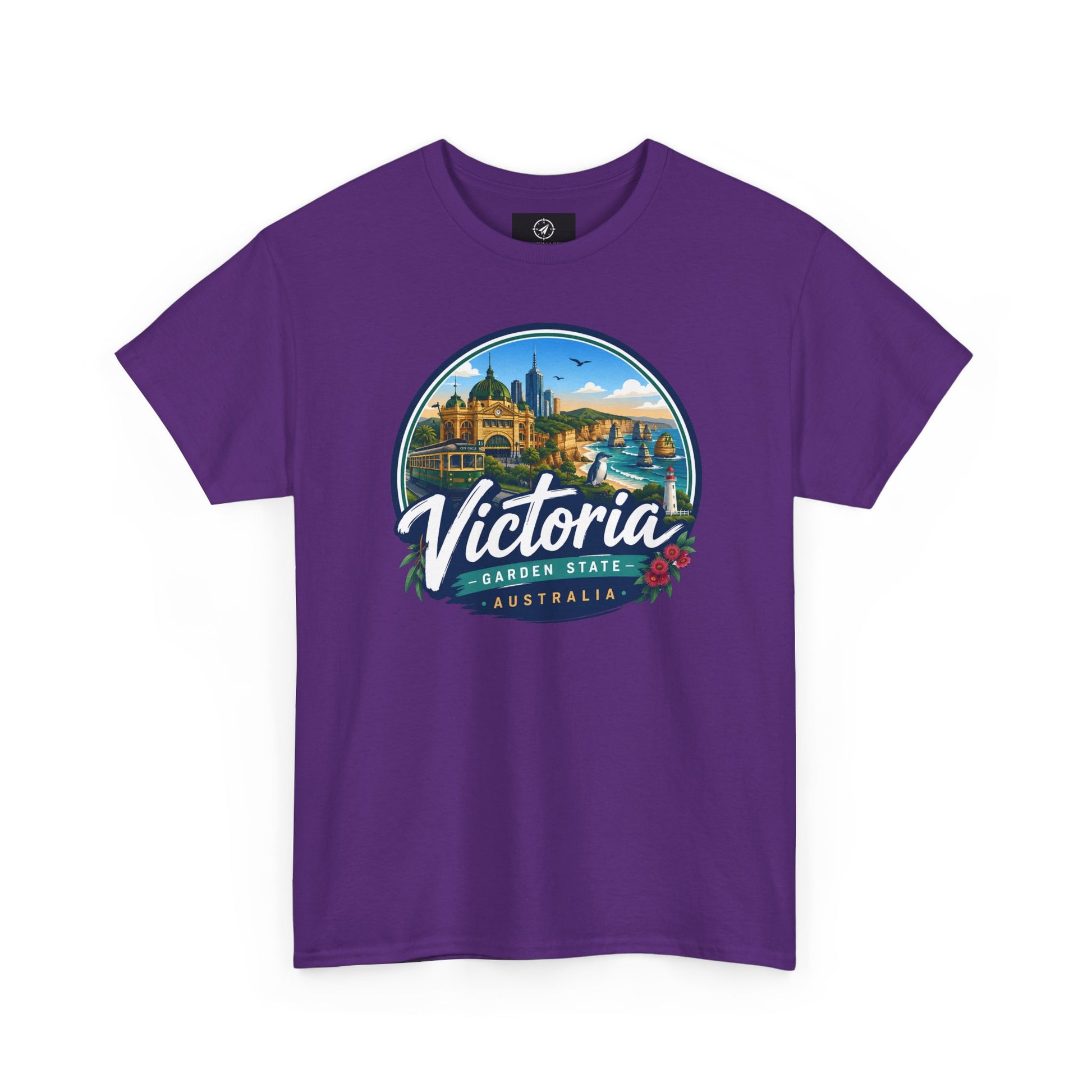 Purple crew-neck travel t-shirt with circular Victoria landmark graphic print