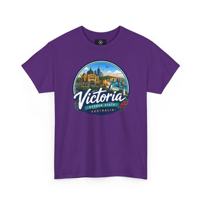 Purple crew-neck travel t-shirt with circular Victoria landmark graphic print