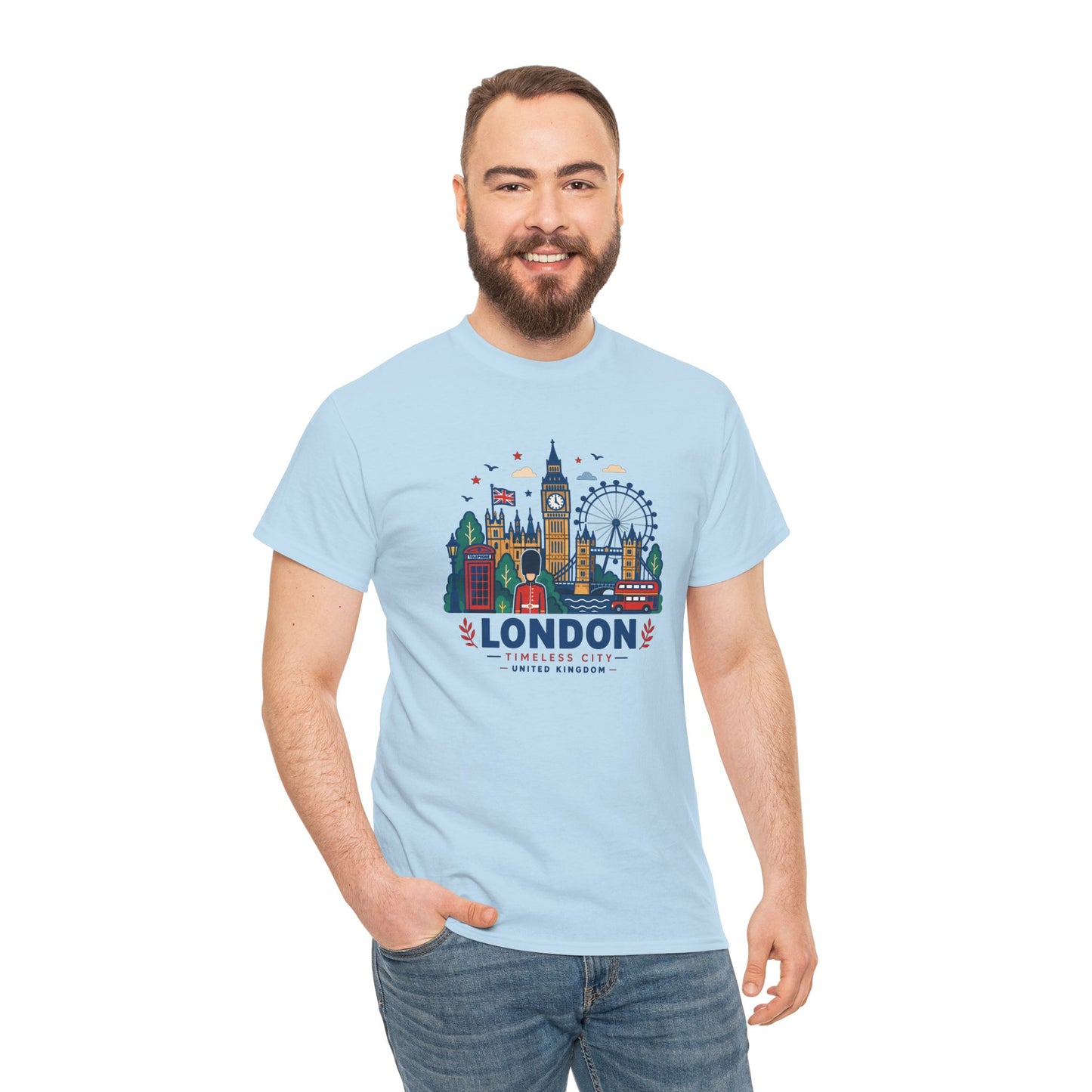 Light blue London skyline graphic T-shirt with chest print, crew neck.