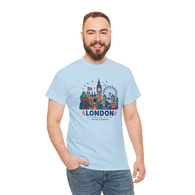 Light blue London skyline graphic T-shirt with chest print, crew neck.