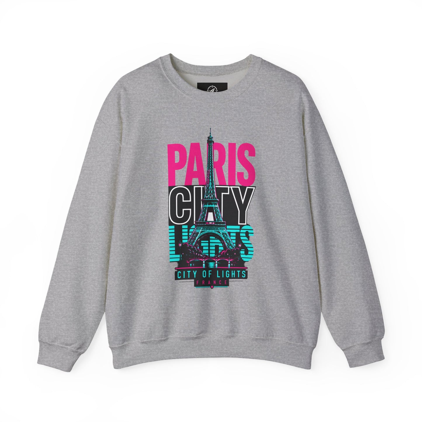 Heather gray crewneck sweatshirt with Eiffel Tower lights graphic and “PARIS CITY OF LIGHTS”