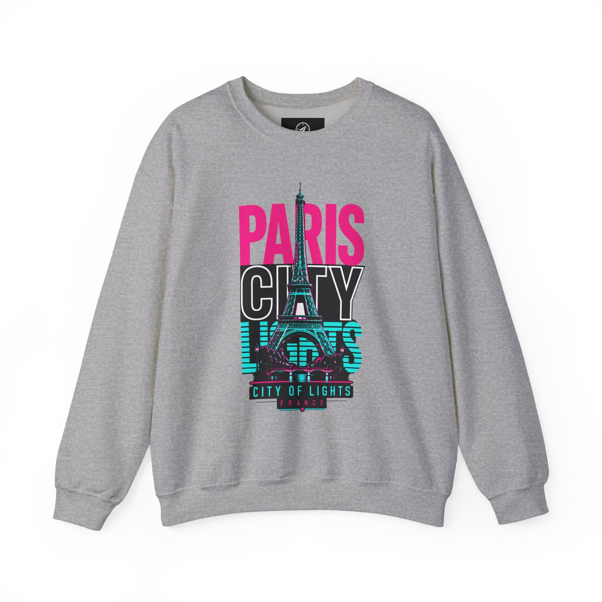 Heather gray crewneck sweatshirt with Eiffel Tower lights graphic and “PARIS CITY OF LIGHTS”