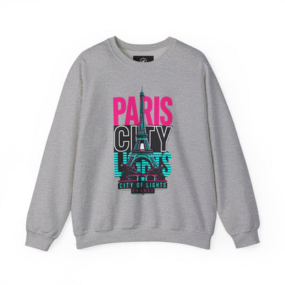 Heather gray crewneck sweatshirt with Eiffel Tower lights graphic and “PARIS CITY OF LIGHTS”