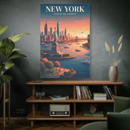 Canvas wall art featuring New York skyline and Statue of Liberty, on wall