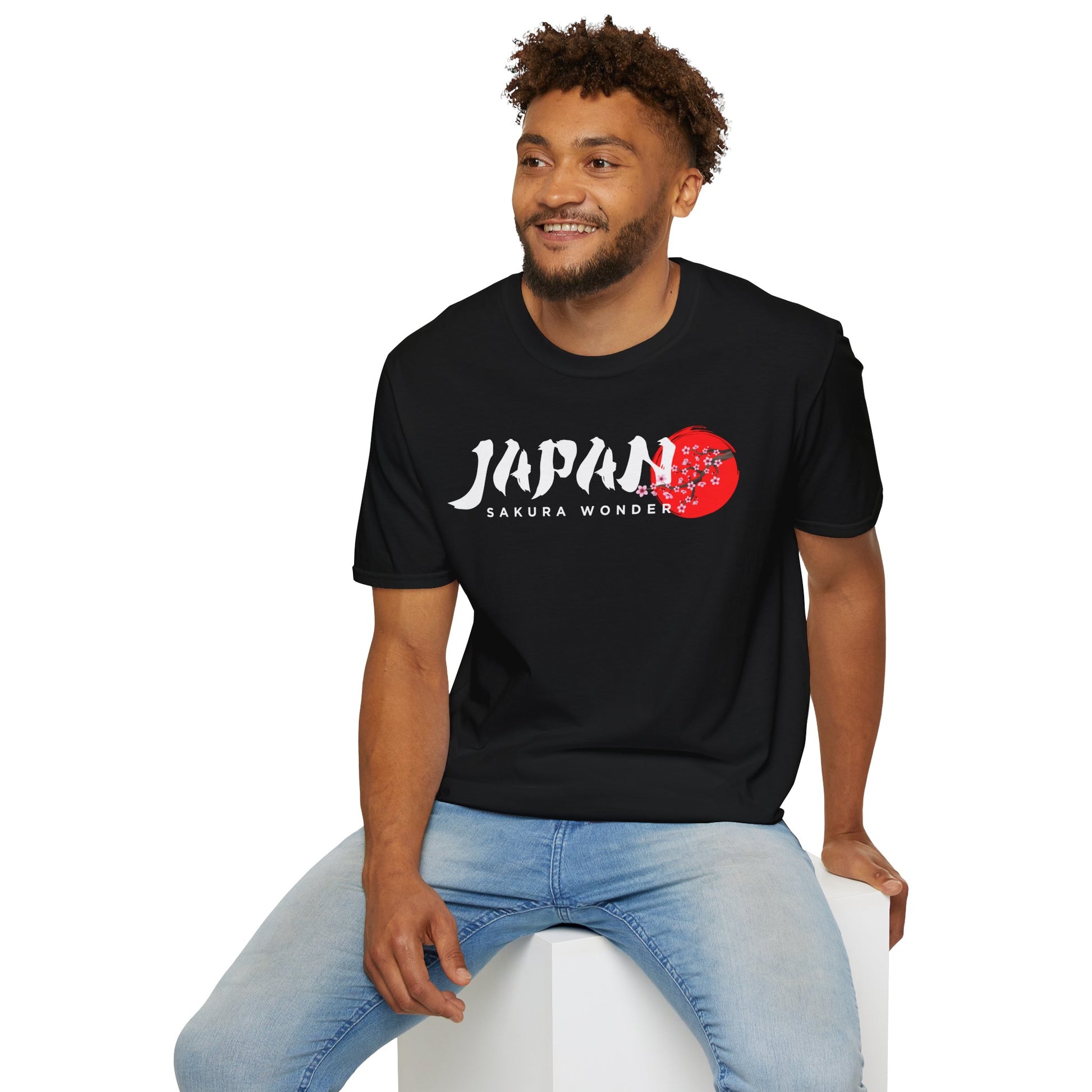 Black T-shirt with white “Japan” text and red cherry blossom graphic on chest