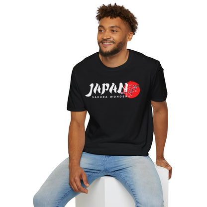 Black T-shirt with white “Japan” text and red cherry blossom graphic on chest