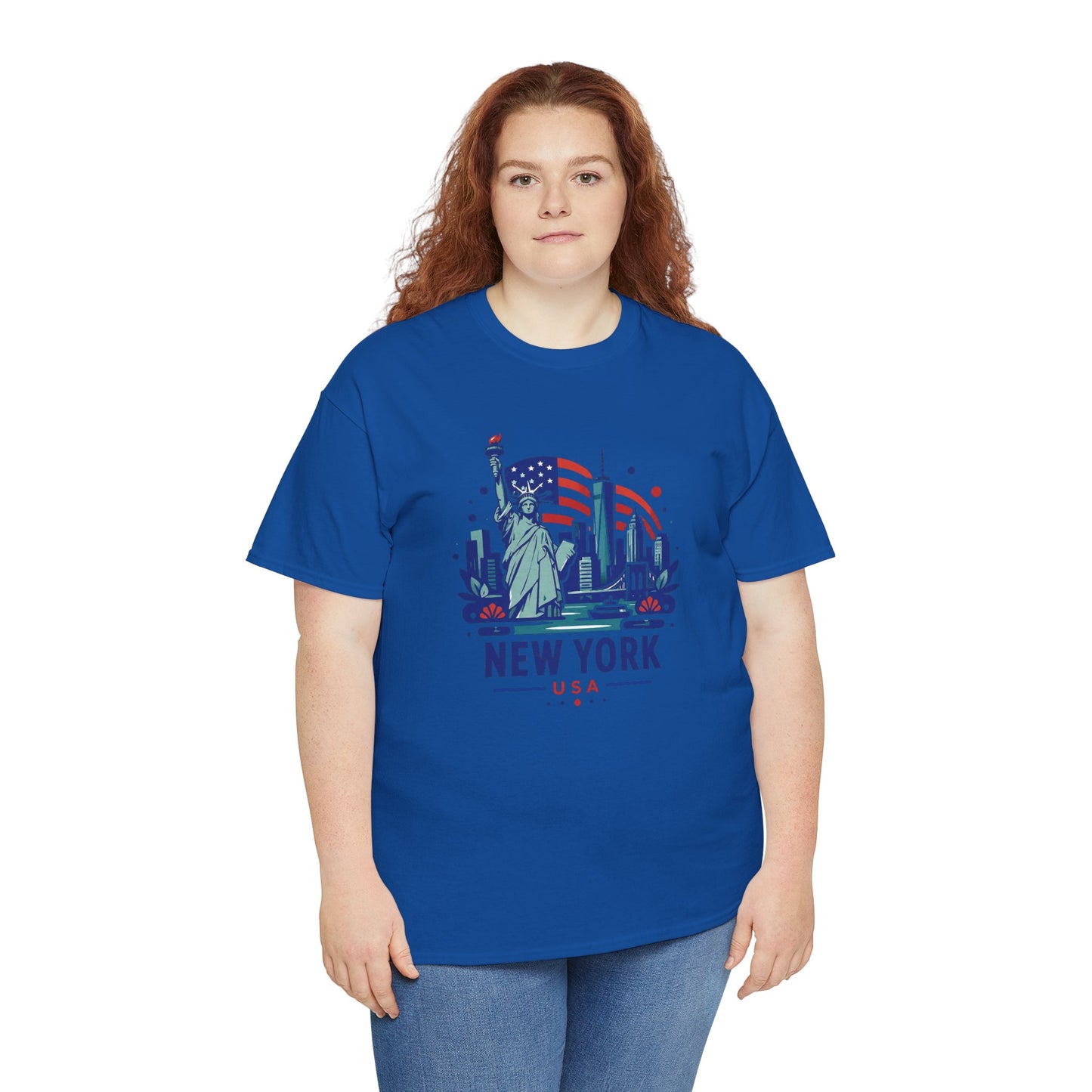 Blue graphic T-shirt with Statue of Liberty design and “NEW YORK USA” on chest