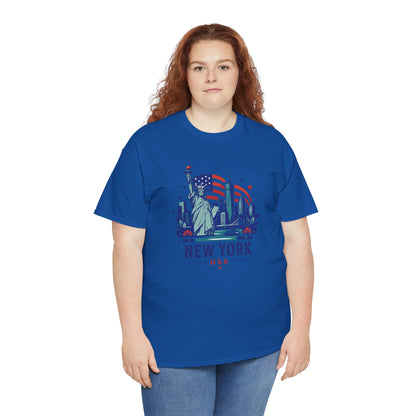 Blue graphic T-shirt with Statue of Liberty design and “NEW YORK USA” on chest