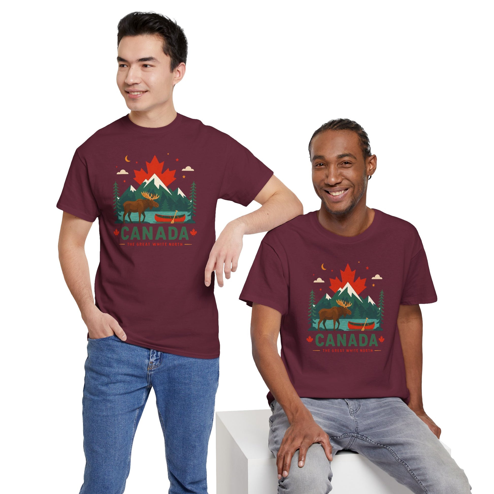 Maroon crew-neck tee with Canada graphic on two models