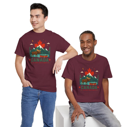 Maroon crew-neck tee with Canada graphic on two models