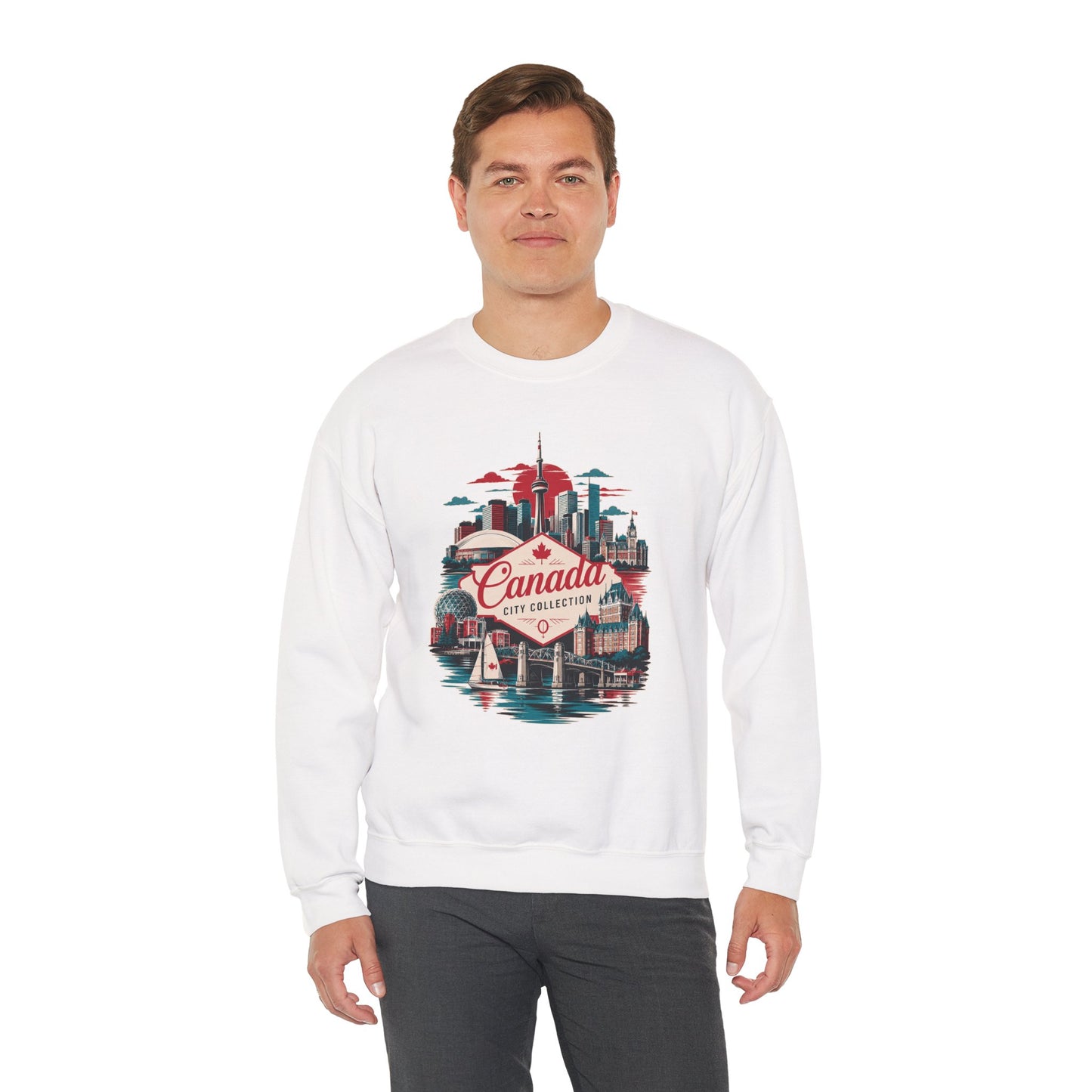 White crewneck sweatshirt with Canada city skyline graphic, worn by a model.
