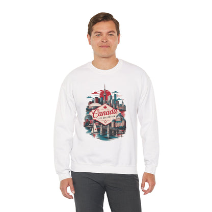 White crewneck sweatshirt with Canada city skyline graphic, worn by a model.