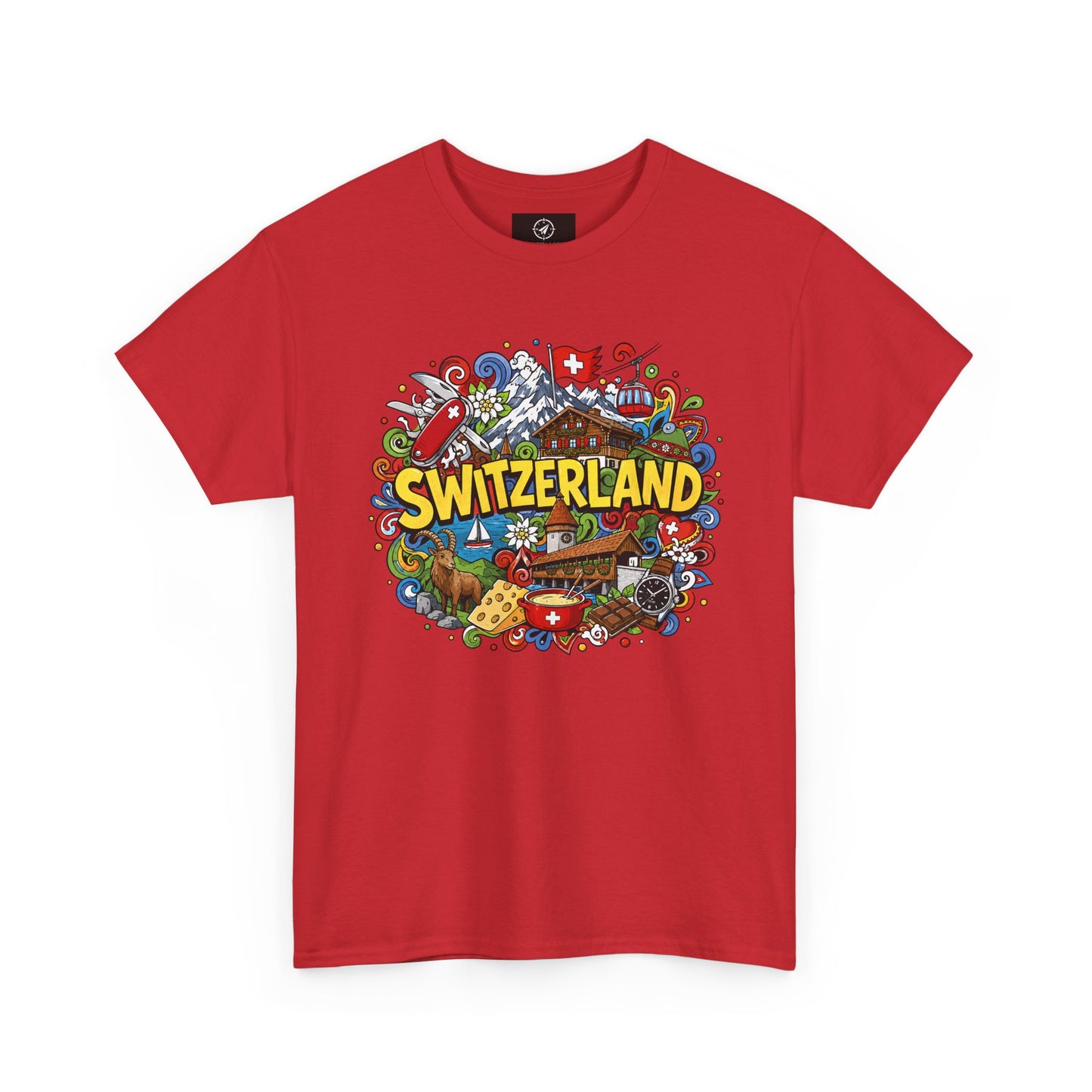 Men's travel T-shirt in red with colorful Swiss-themed "SWITZERLAND" graphic