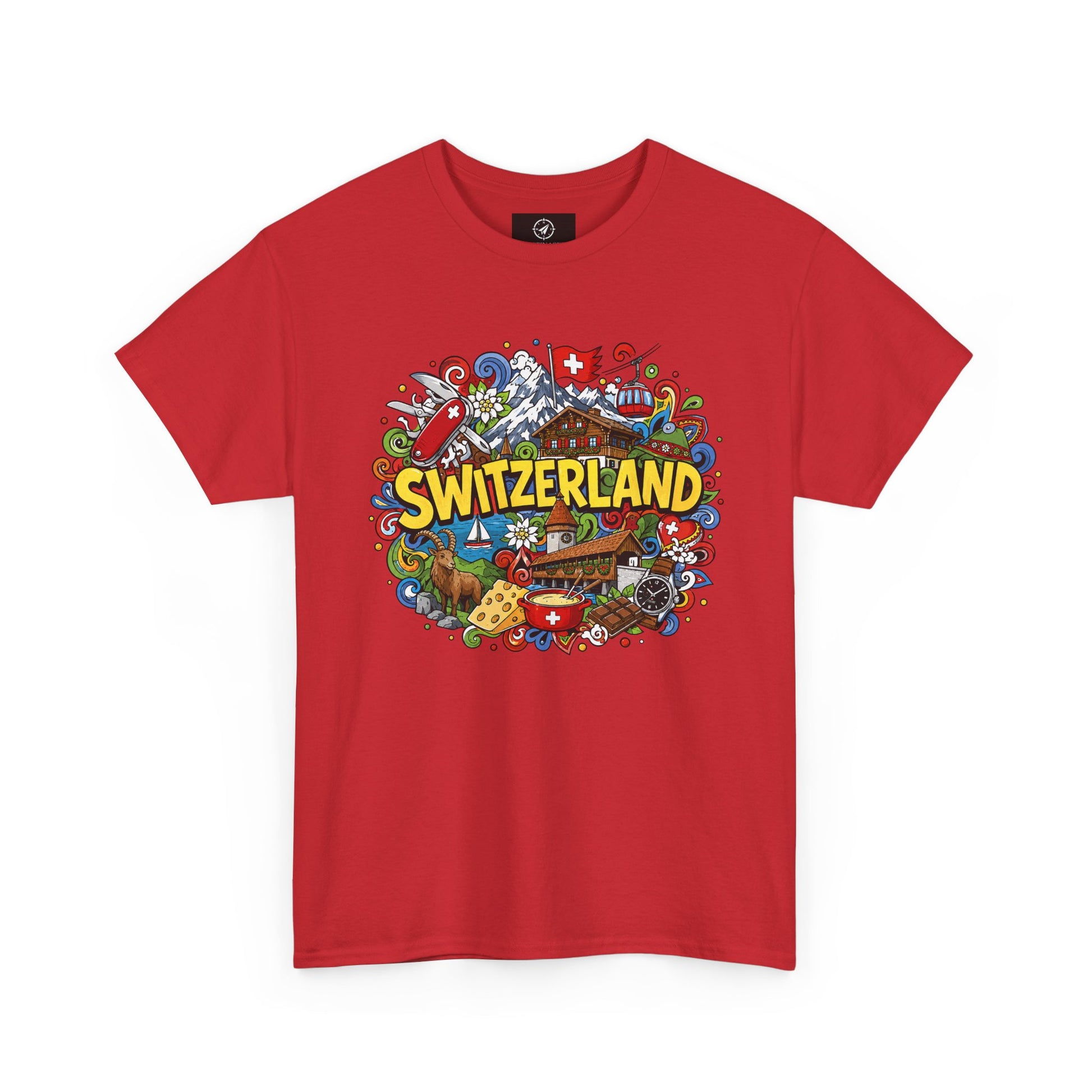 Men's travel T-shirt in red with colorful Swiss-themed "SWITZERLAND" graphic