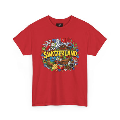 Men's travel T-shirt in red with colorful Swiss-themed "SWITZERLAND" graphic