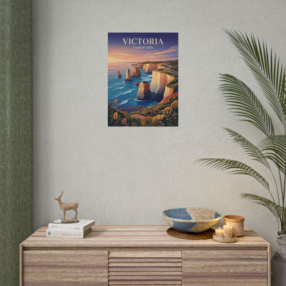 Rolled Australia coastal cliffs poster on wall, showing lighthouse, cliffs, and ocean