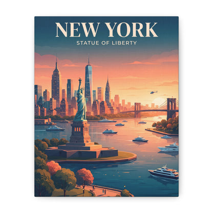Portrait canvas wall art showing Statue of Liberty, boats, and city skyline at sunset