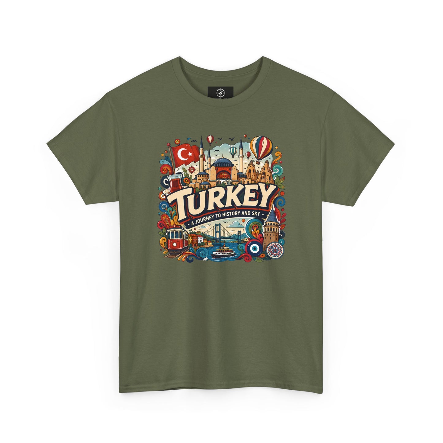Forest green crewneck graphic tee with colorful “Turkey” Istanbul landmark print