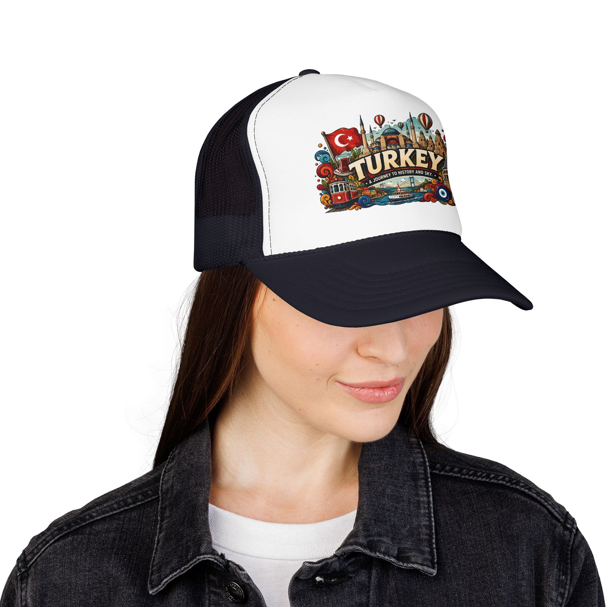 Navy and white mesh trucker hat with colorful Turkey logo patch and curved brim
