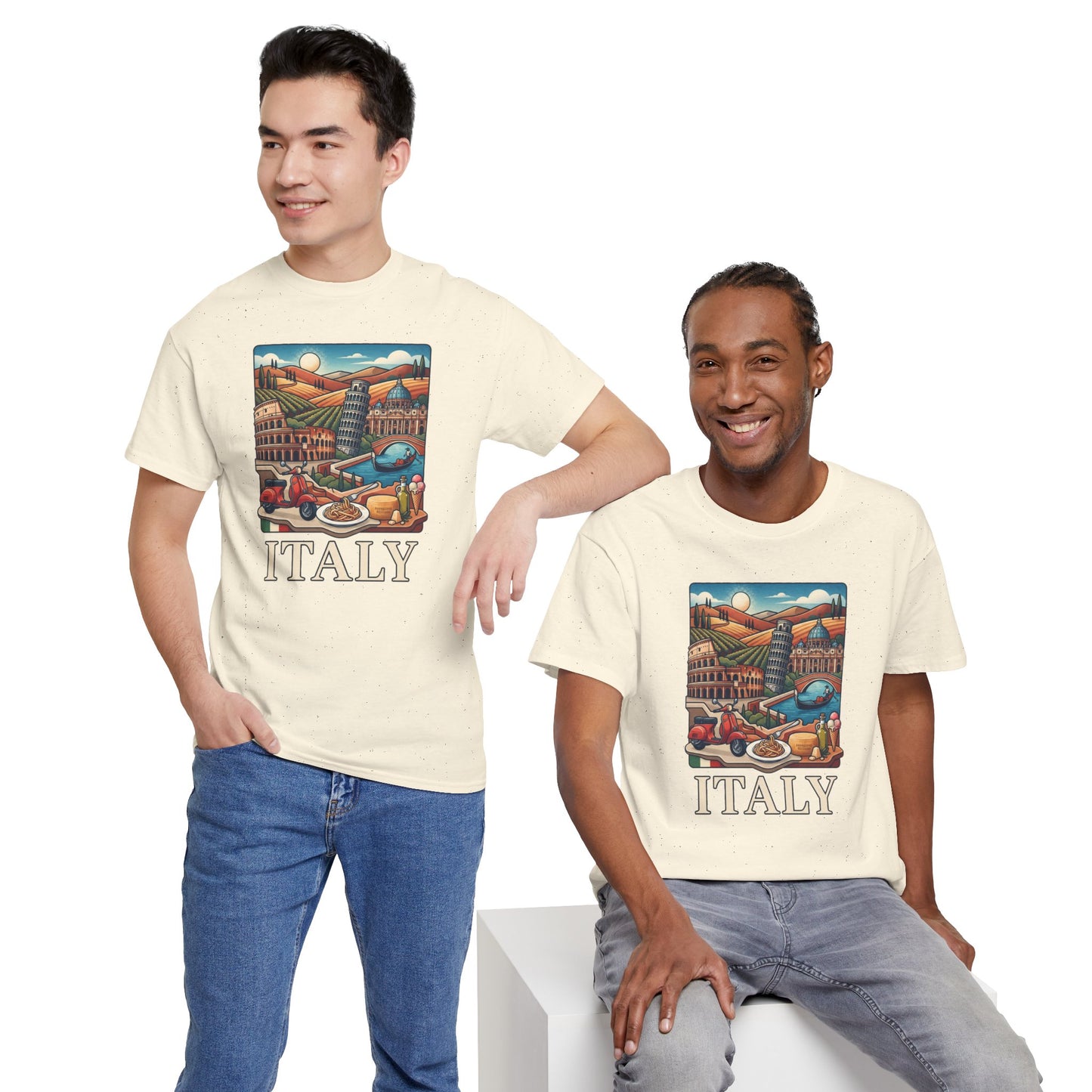 Natural Italy scenic graphic T-shirt, front view with colorful "ITALY" print