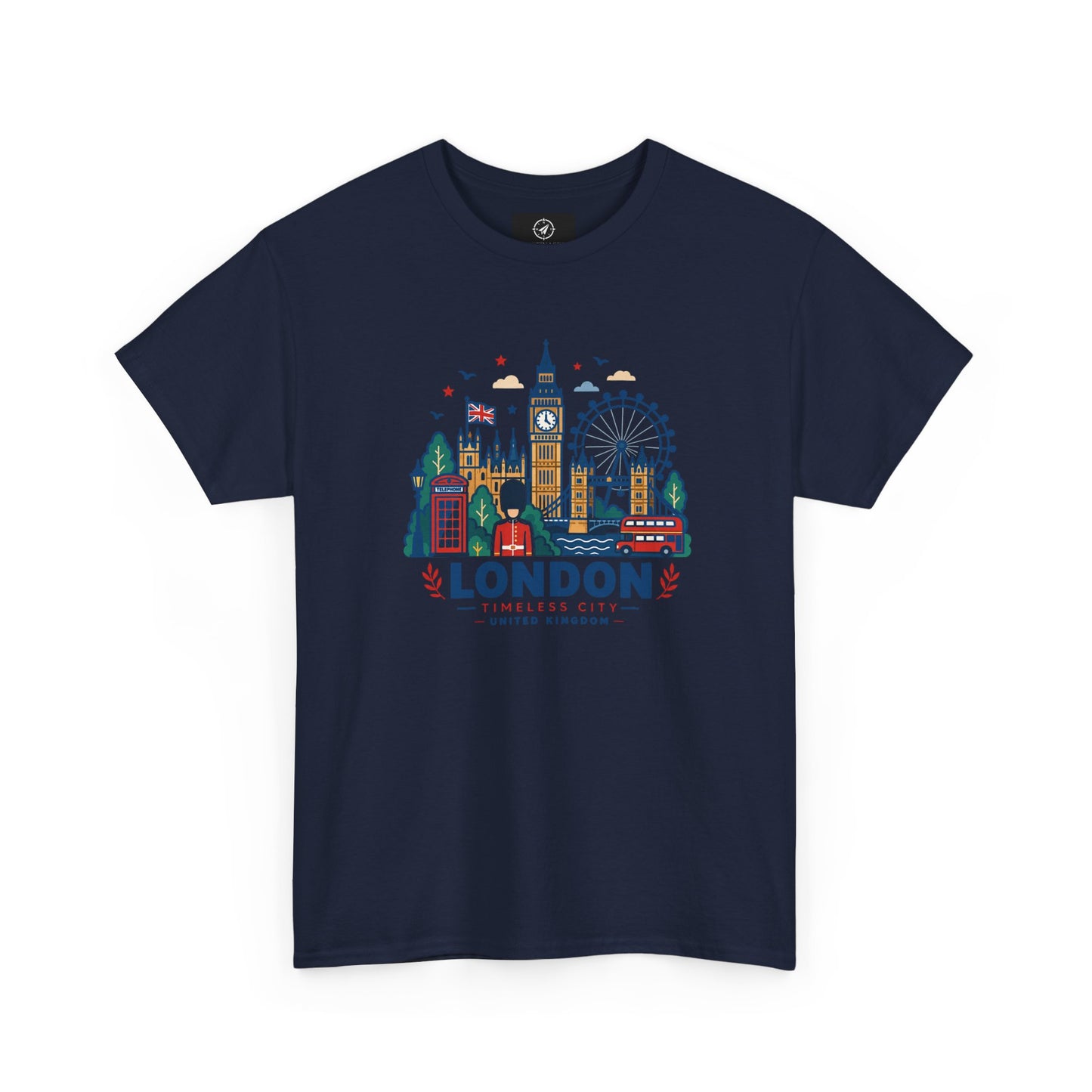 Navy crew neck T-shirt with colorful London skyline graphic on the front
