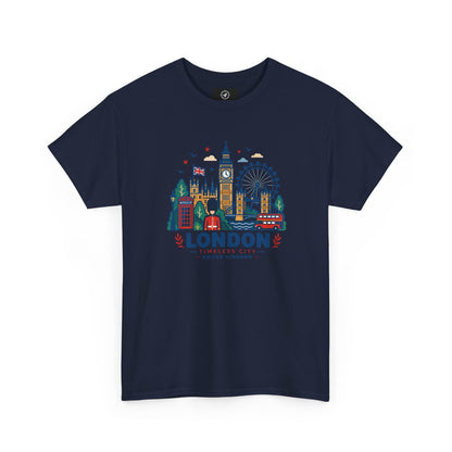 Navy crew neck T-shirt with colorful London skyline graphic on the front