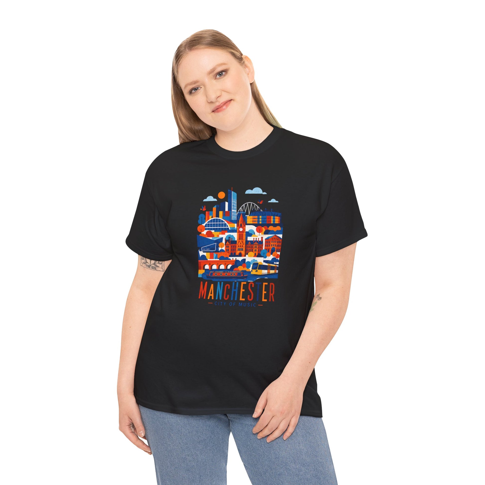 Manchester Skyline T-shirt, black crew neck with Manchester skyline graphic, side pose