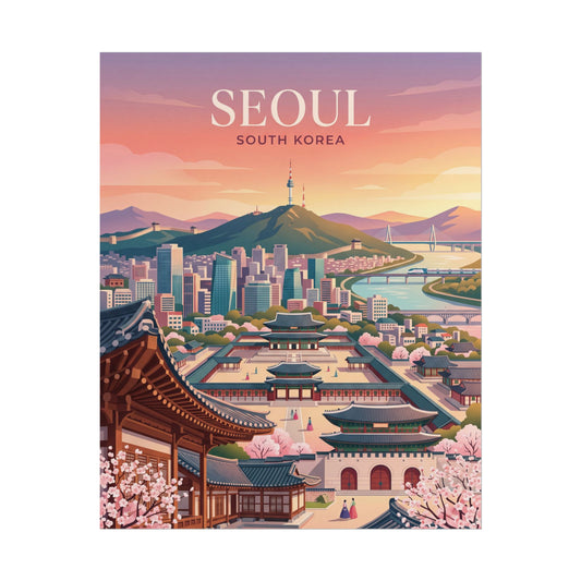 South Korea cityscape rolled poster with SEOUl title, sunset skyline, and palace roofs