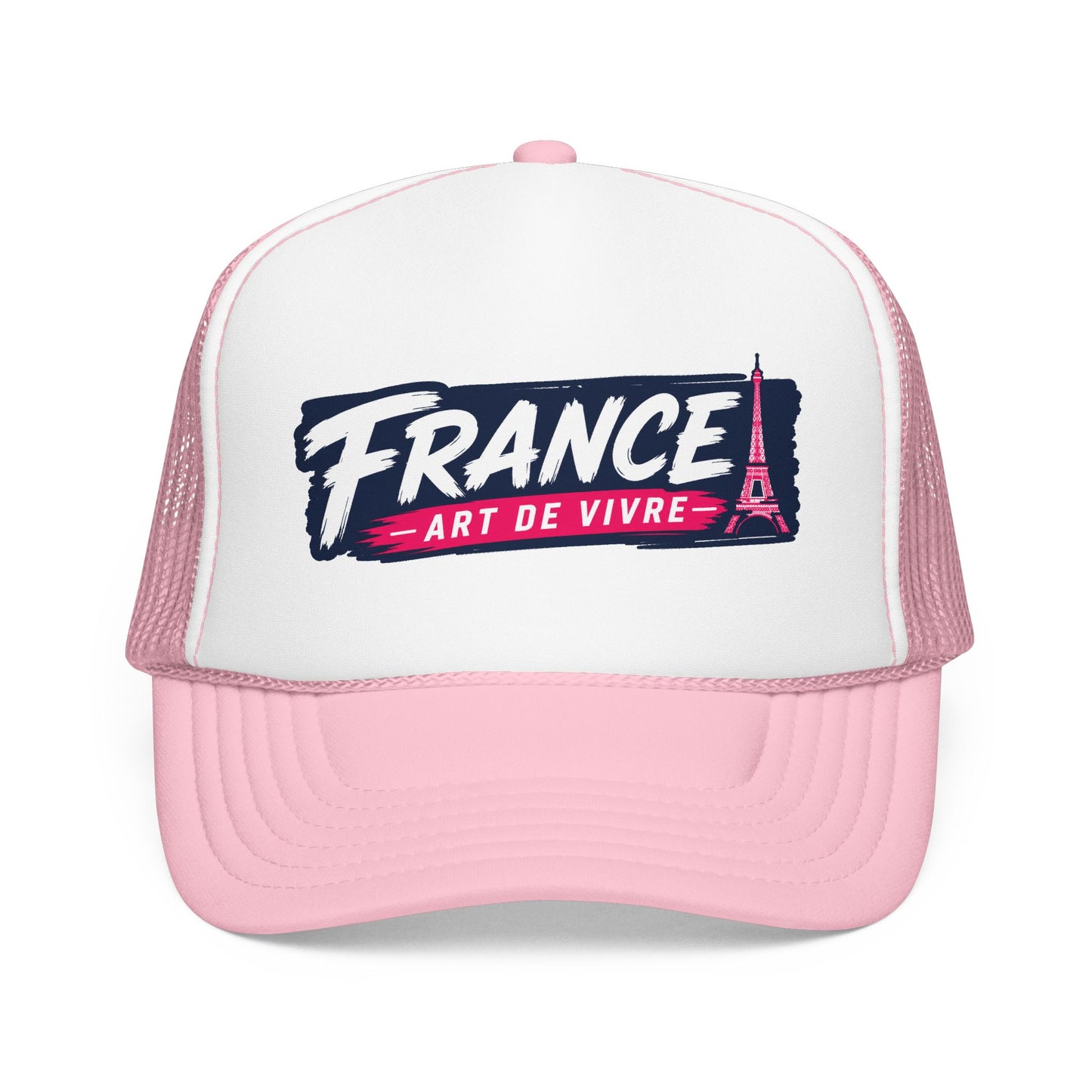 Trucker hat with white front, light pink mesh sides, pink brim, and 'FRANCE' graphic