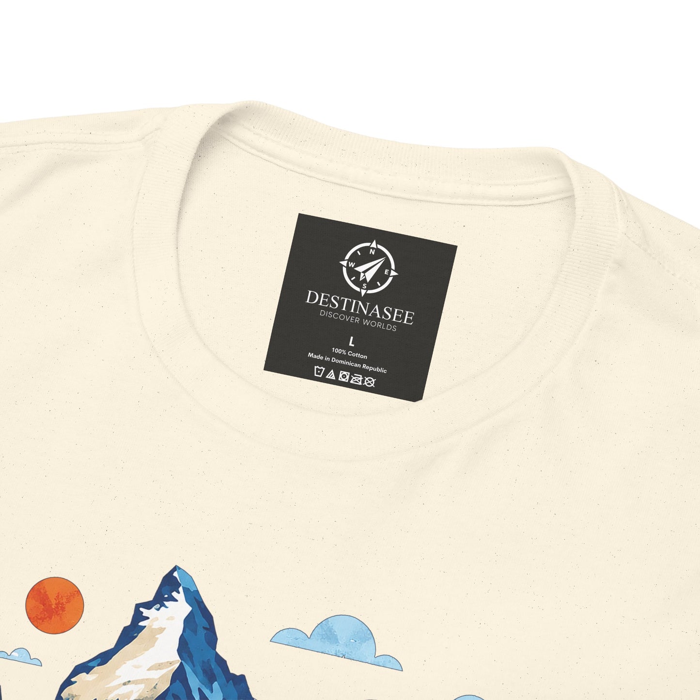 Natural crew-neck T-shirt back collar with black brand label and mountain illustration