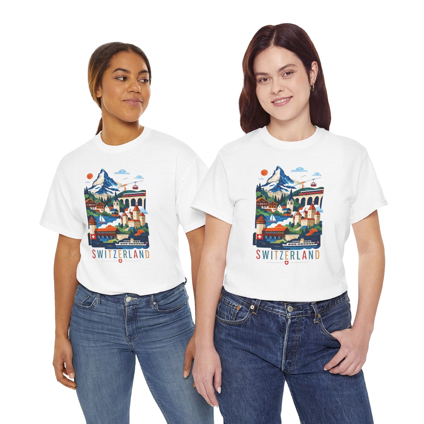 White crew-neck T-shirt with colorful Switzerland village graphic, worn by two models