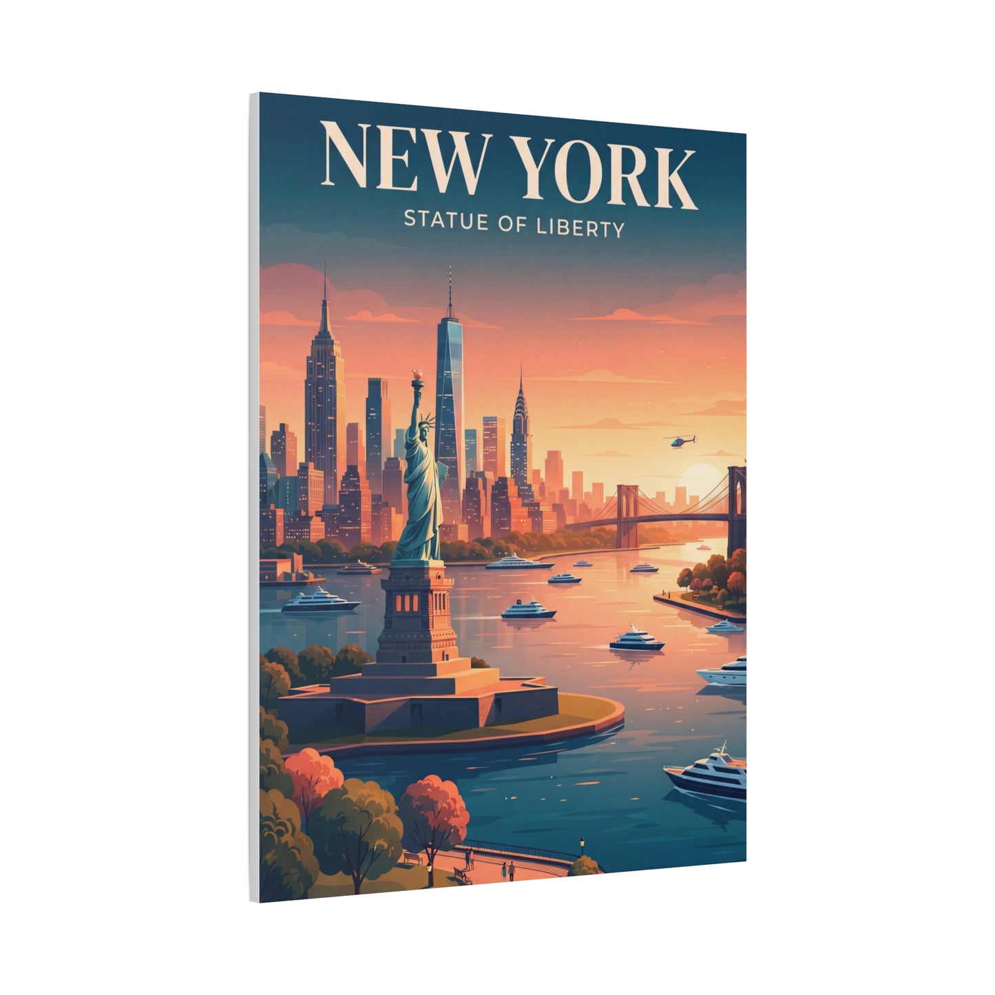 Portrait canvas wall art with Statue of Liberty statue and city harbor skyline at sunset