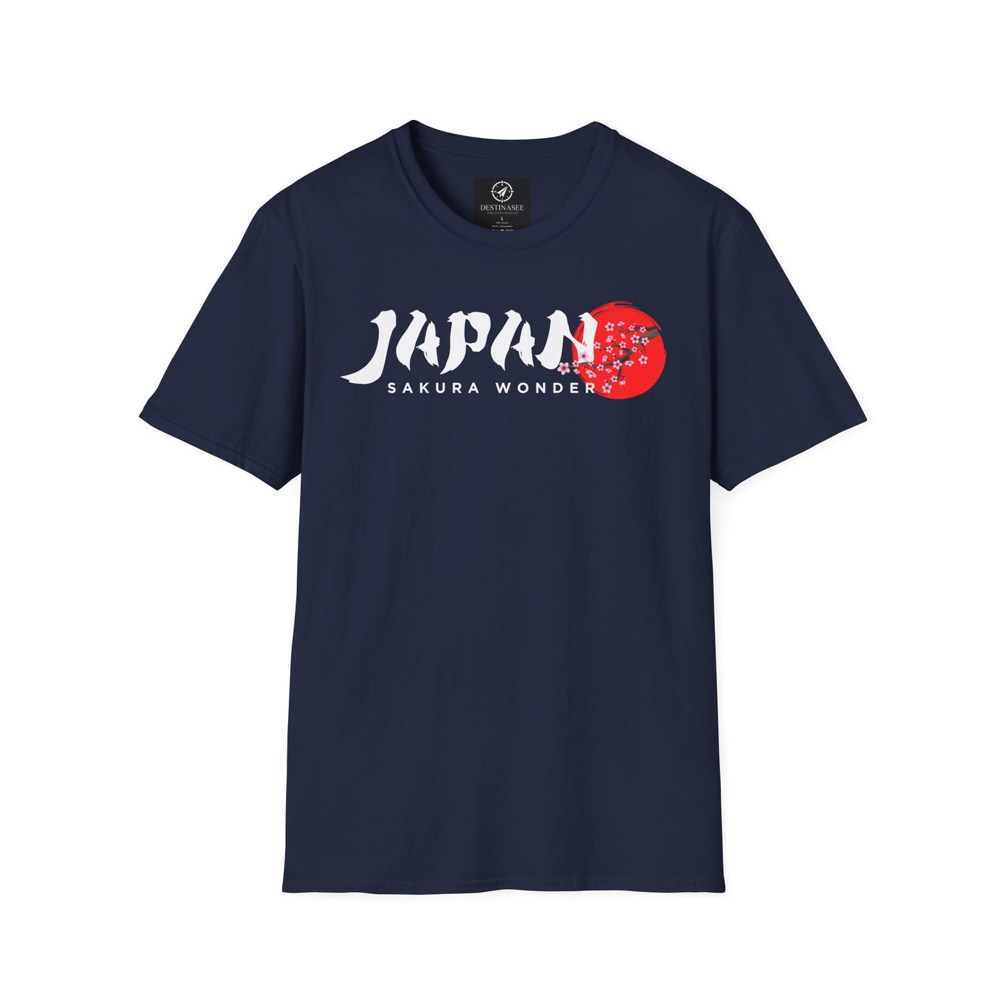 Navy T-shirt with white “Japan” text and red cherry blossom graphic on chest