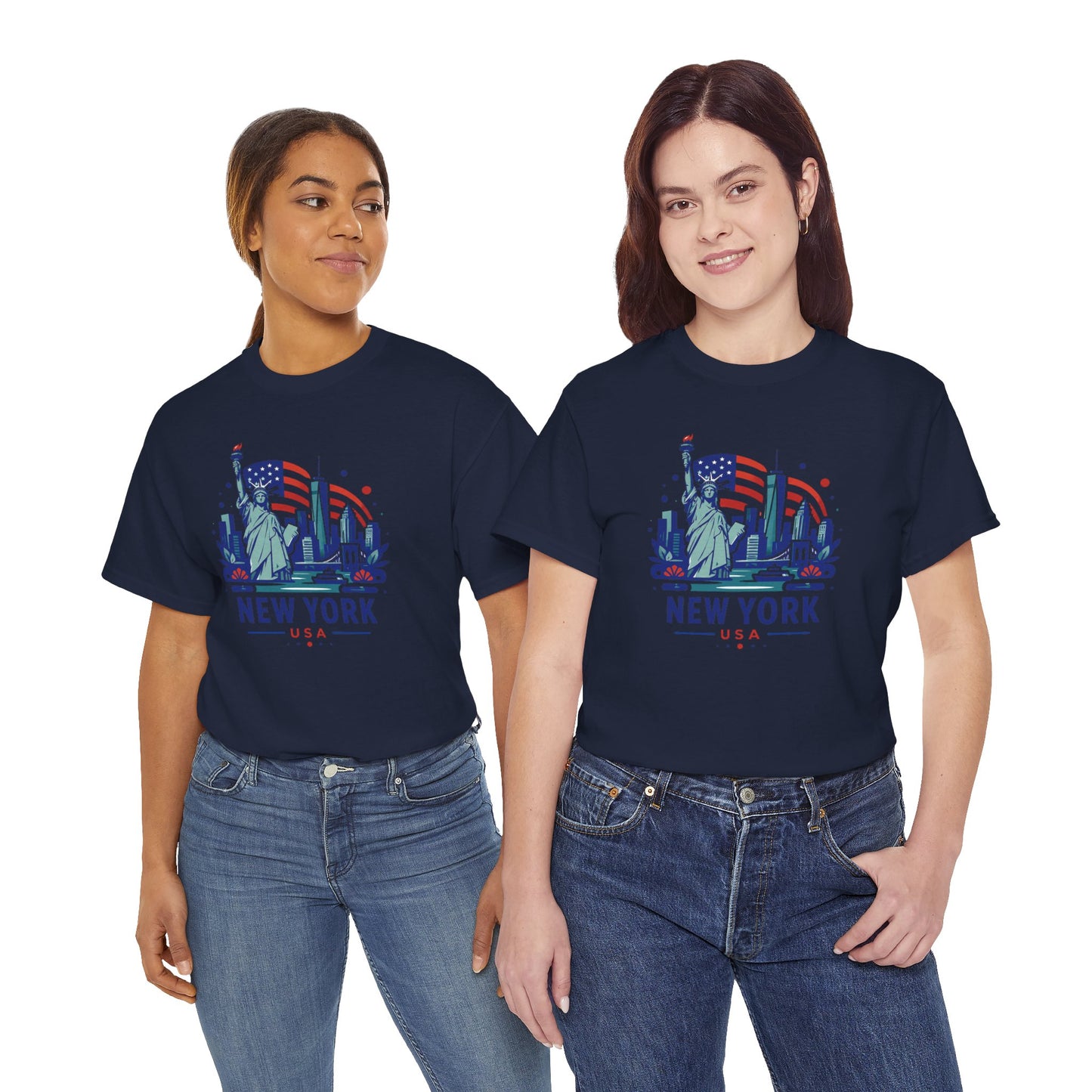 Navy crewneck T-shirt with Statue of Liberty and 'NEW YORK USA' graphic (front)