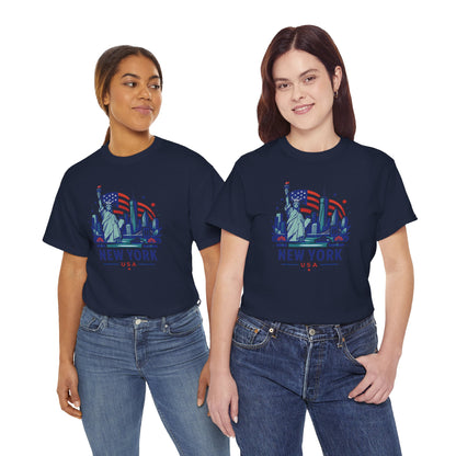 Navy crewneck T-shirt with Statue of Liberty and 'NEW YORK USA' graphic (front)