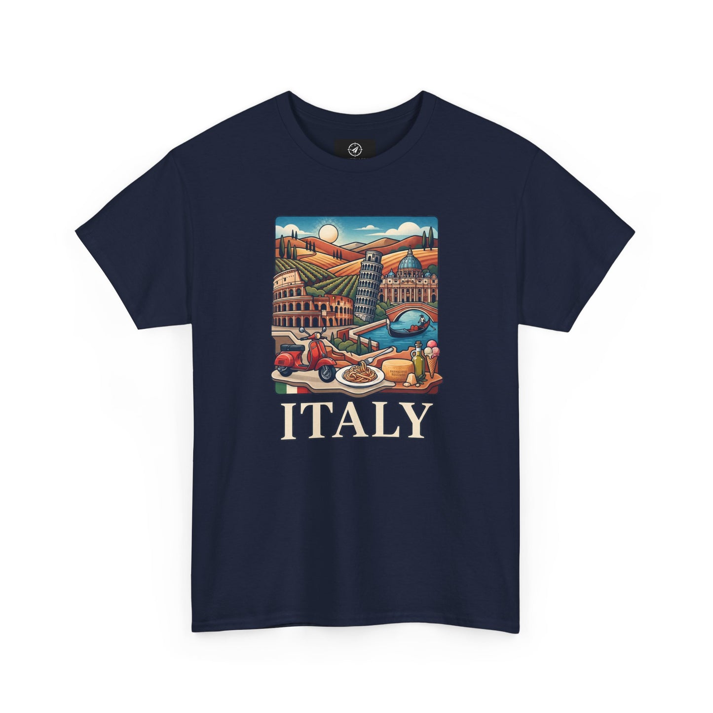 Navy Italy scenic graphic T-shirt with colorful city image and "ITALY"