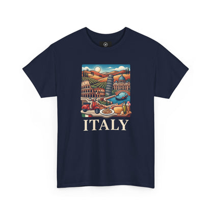 Navy Italy scenic graphic T-shirt with colorful city image and "ITALY"