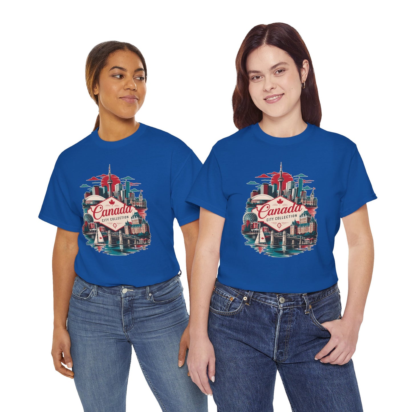Royal blue crewneck T-shirt with colorful “Canada” skyline graphic on the chest