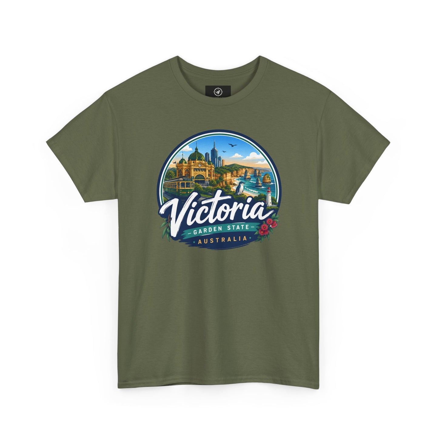 Olive green crew-neck travel t-shirt with circular Victoria landmark graphic print
