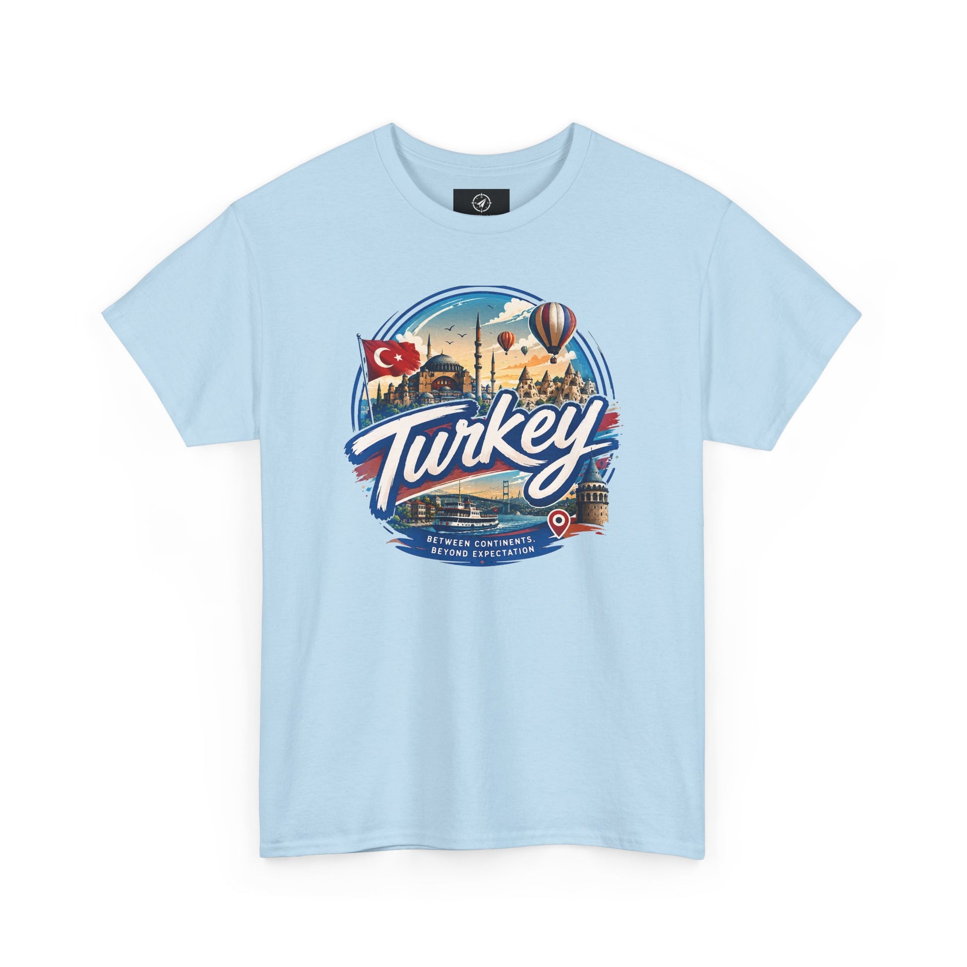 Light blue crew-neck T-shirt with “Turkey” travel graphic on the chest