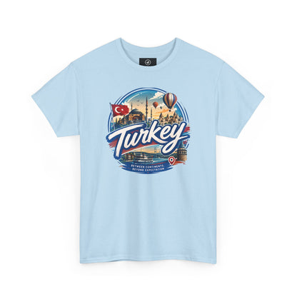 Light blue crew-neck T-shirt with “Turkey” travel graphic on the chest