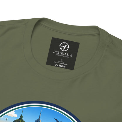 Forest green crewneck travel tee with square brand tag and partial city graphic