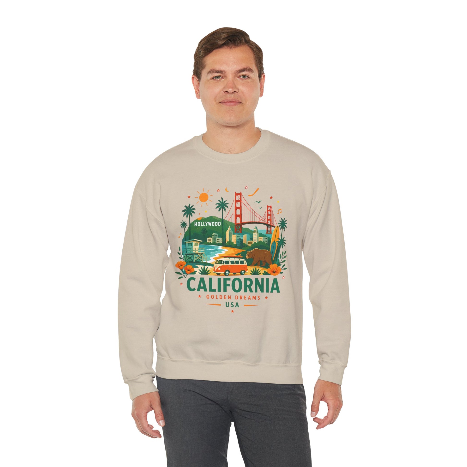 Sand crewneck sweatshirt with colorful California graphic on the front.