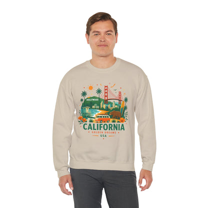 Sand crewneck sweatshirt with colorful California graphic on the front.