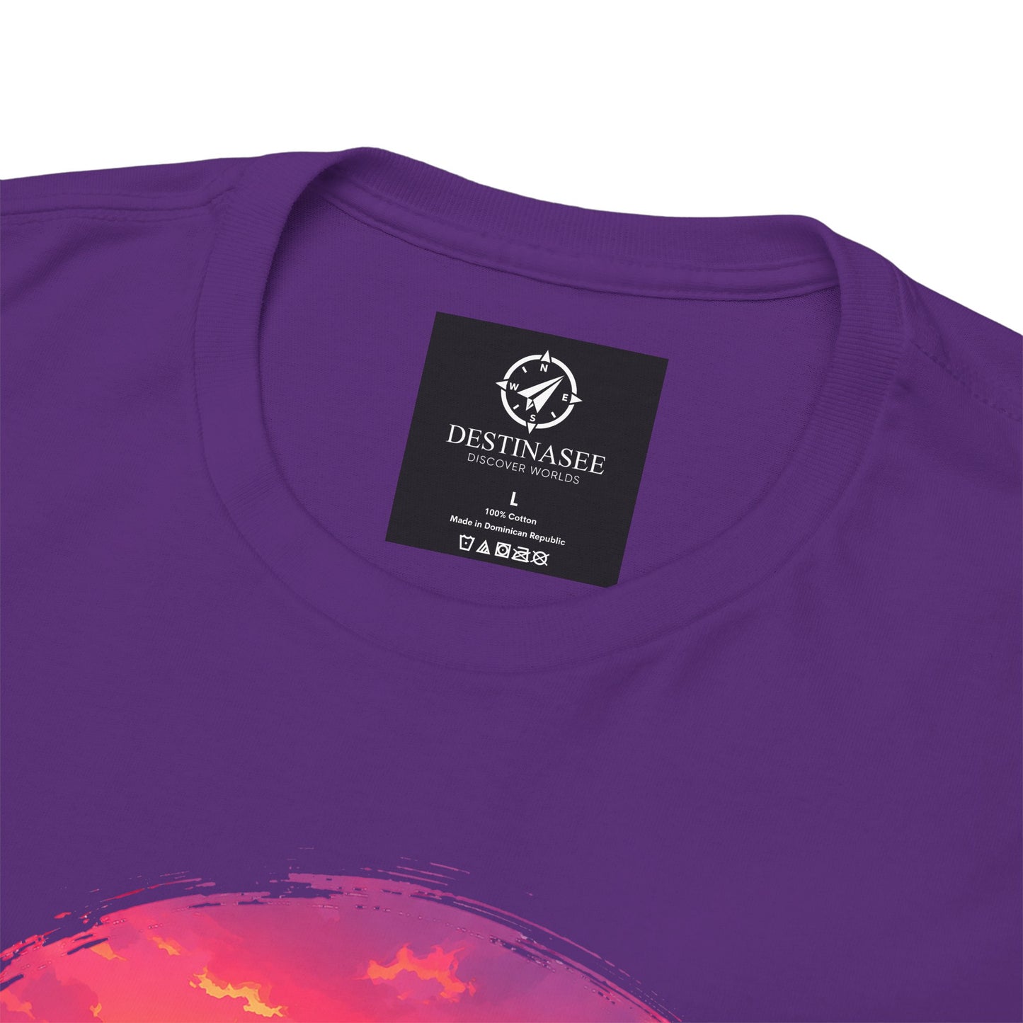 Purple T-shirt close-up: neckline label and Busan sunset graphic detail on chest.