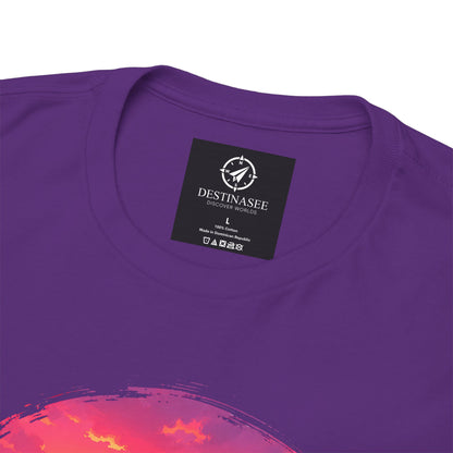 Purple T-shirt close-up: neckline label and Busan sunset graphic detail on chest.