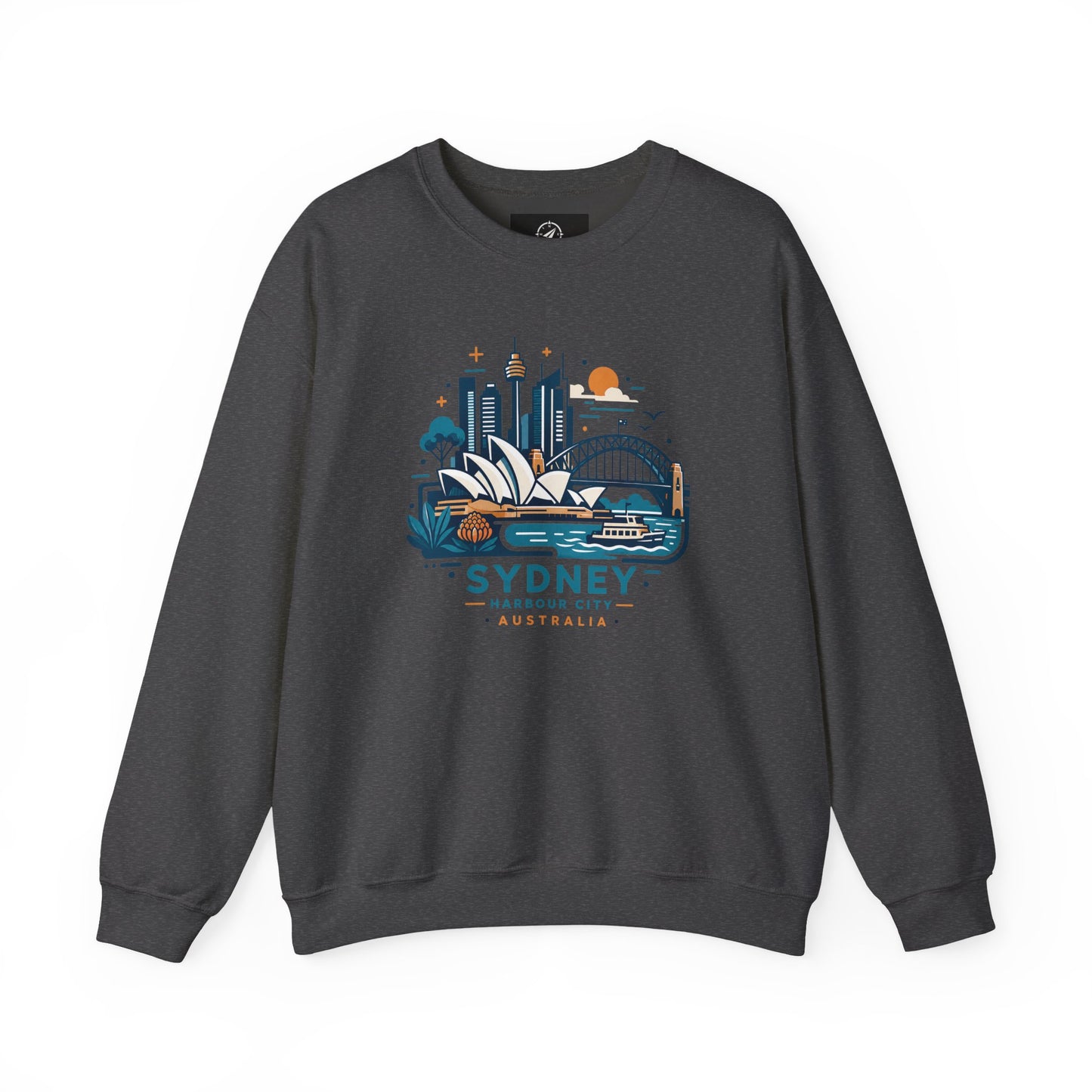 Dark gray crewneck sweatshirt with colorful Sydney harbor city graphic on chest