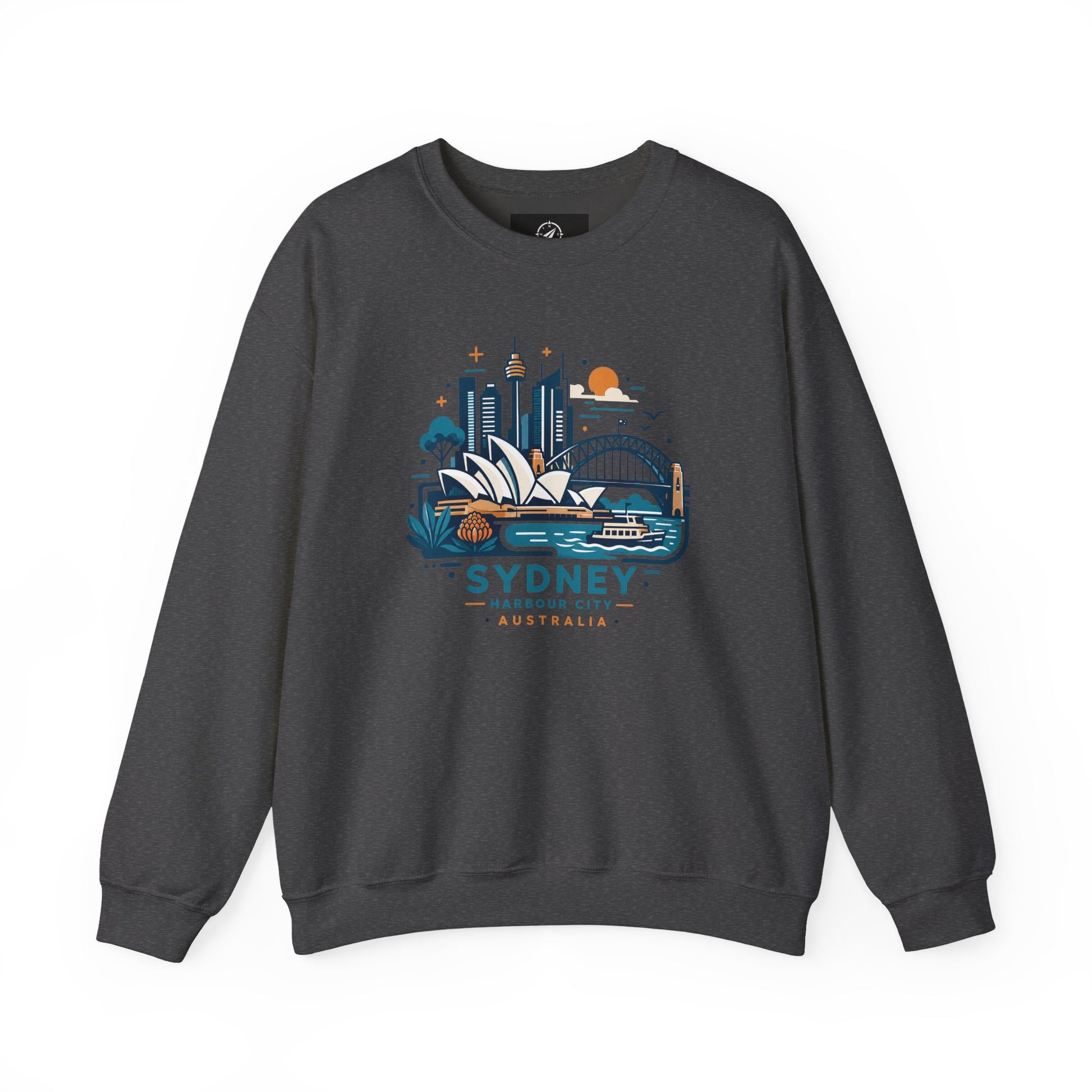 Dark gray crewneck sweatshirt with colorful Sydney harbor city graphic on chest